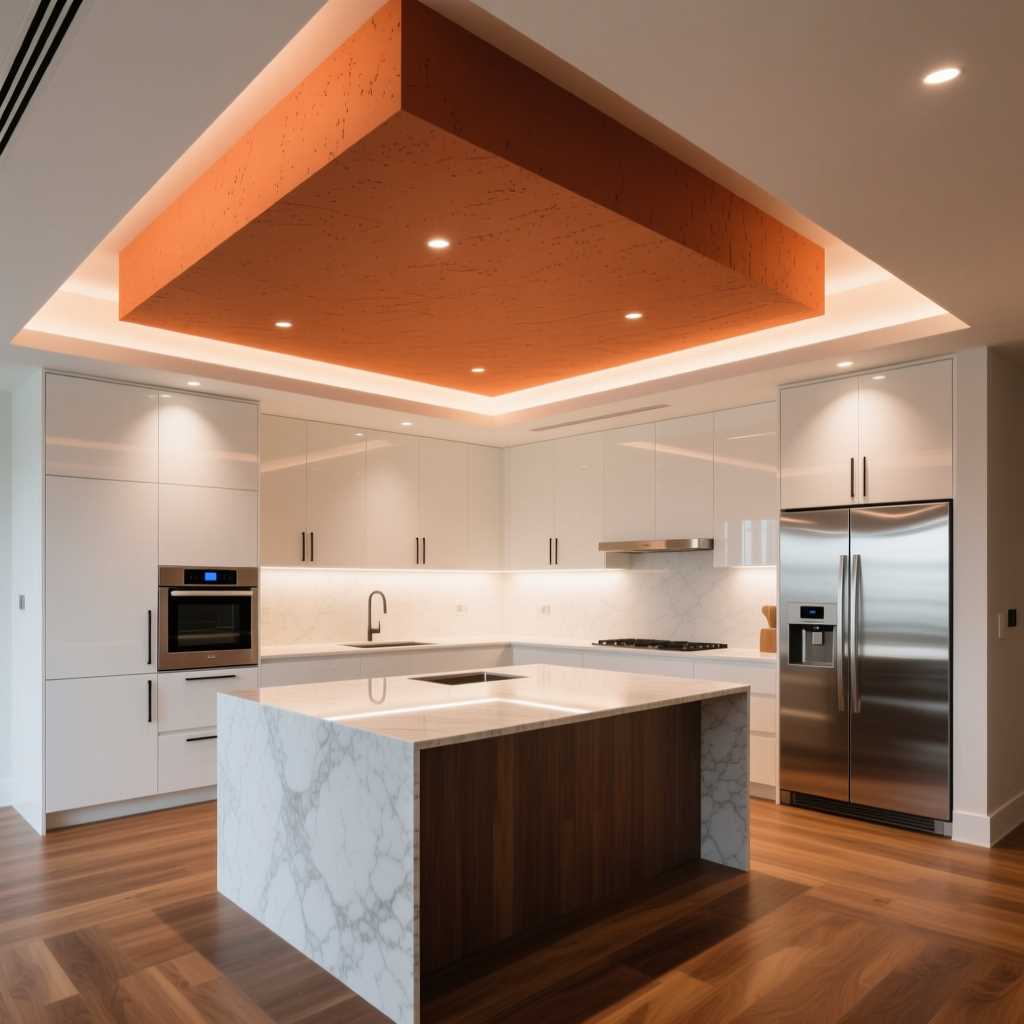 Сочетание цвета потолка с оттенком стен и напольного покрытия